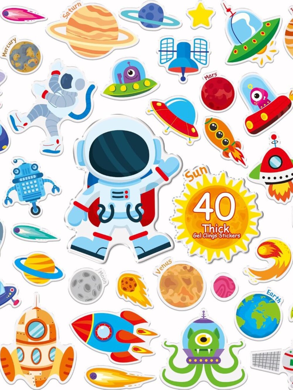 40PCS Space Jelly Stickers, Universe Thick Window Door Clings Removable Reusable